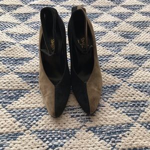 Vintage Smyth Bros Shoe Parlor Italy Suede Leather Heels 7 Two Tone Black Khaki